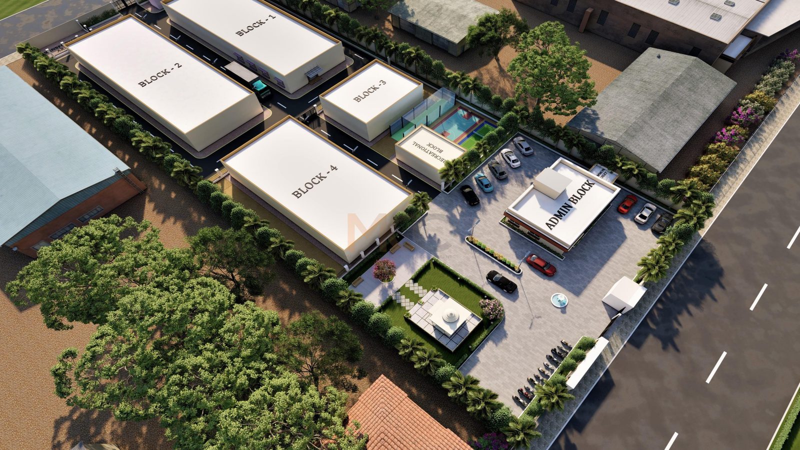 3D layout of the Paripath Technologies campus — four production blocks, admin and recreation facilities
